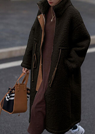 Beli Bağcıklı Kışlık Kadın Fermuarlı Peluş Tüylü Ceket