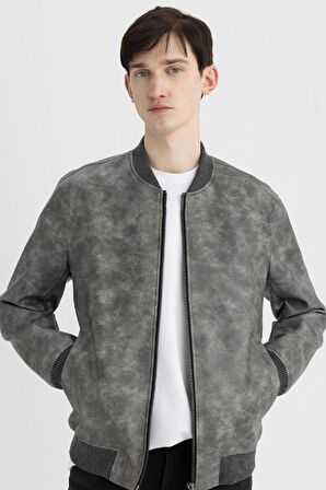 DeFacto Slim Fit Suni Deri Mont Ceket Dar Kesim Kolej Yaka Fermuarlı Cepli Astarlı Mevsimlik Hafif C6971AX24AUAR167