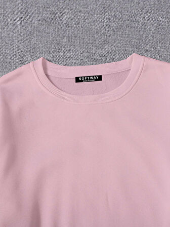 Kadın Basic Crop İçi Polarlı Oversize Sweatshirt - PEMBE