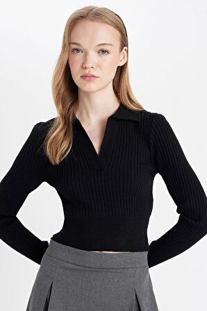 DeFacto Coool Slim Fit Dar Kesim Polo Yaka Crop Triko Kazak X4929AZ24AUBK56