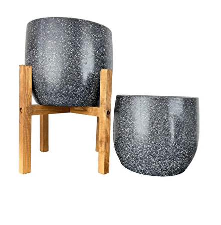 Ev Dekorasyon Aksesuar Gri Granit Toprak Saksı Saksılık Salon Çiçeklik İkili Set Ayaksız - 4 Ayaklı- 19 CM