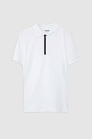 Twn Slim Fit Beyaz Pike Dokulu Yarım Fermuarlı Polo Yaka T-Shirt 4EC14ORTFRPLO