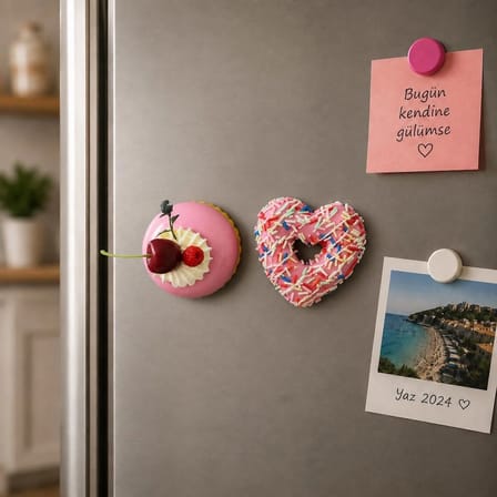 2’li Buzdolabı Magnet Seti – Pembe Kalp Donut ve Kirazlı Pasta Magnet