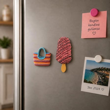 2’li El Yapımı Buzdolabı Magnet Seti – Pembe Çubuk Dondurma ve Renkli Çanta Magnet