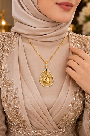 14 Ayar Osmanlı Tuğrası Kafes Desenli Zümrüt Altın Kolye