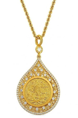 14 Ayar Altın Osmanlı Tuğralı Damla Model Dantel İşlemeli Zirkon Taşlı Premium Tasarım Kolye