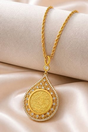 14 Ayar Altın Osmanlı Tuğralı Damla Model Dantel İşlemeli Zirkon Taşlı Premium Tasarım Kolye