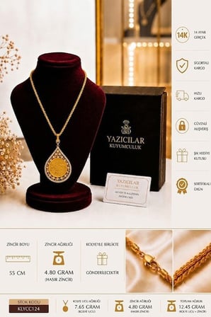 14 Ayar Altın Osmanlı Tuğralı Damla Model Dantel İşlemeli Zirkon Taşlı Premium Tasarım Kolye