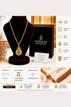 14 Ayar Altın Osmanlı Tuğralı Damla Model Geleneksel Motifli Zarif Kadın Kolyesi