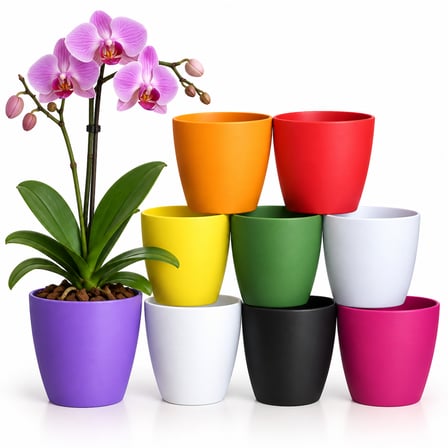 9 Renkli Orkide Saksısı Seti – Dekoratif Plastik Saksı Seti Çiçek 