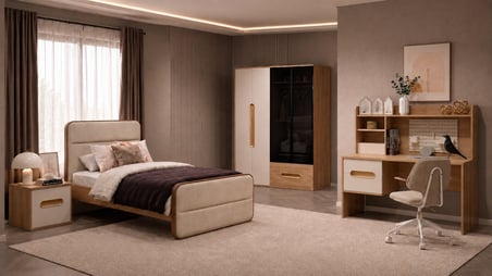 Vega Genç Odası (4 Kapılı Dolap+Karyola 100x200+Komodin+Çalışma Masası ve Üst Ünite+Kitaplık+Şifonyer+ayna )