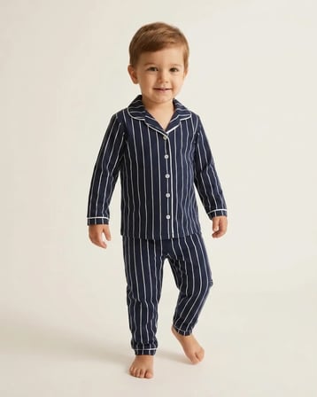 Erkek Bebek Lacivert Çizgili Yakalı Düğmeli Pijama Takımı
