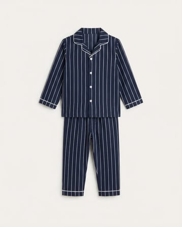 Erkek Bebek Lacivert Çizgili Yakalı Düğmeli Pijama Takımı