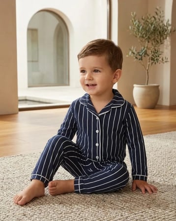 Erkek Bebek Lacivert Çizgili Yakalı Düğmeli Pijama Takımı