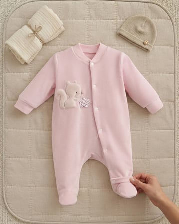Pembe Sincap Aplikeli Kadife Patikli Bebek Tulum