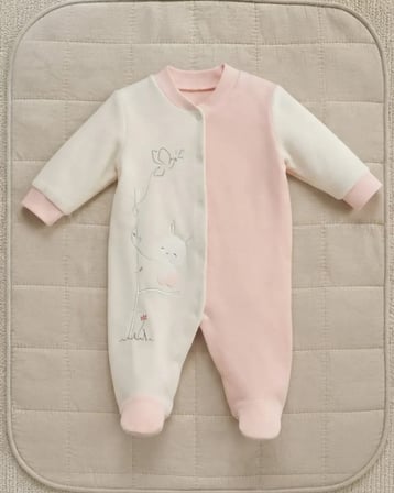 Unisex Bebek Pudra Tırmanan Tavşan Detaylı Kadife Patikli Tulum