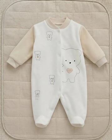 Unisex Bebek Bej Ayıcık Detaylı Kadife Patikli Tulum