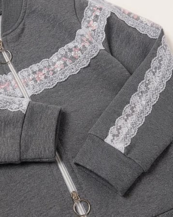 Kız Çocuk Dantel Detaylı Dik Yaka Füme Eşofman Takımı