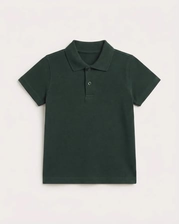 Unisex Çocuk Koyu Yeşil Polo Yaka Kısa Kollu Pike Kumaş Tişört Düğmeli Günlük Üst Giyim