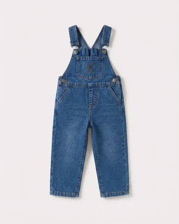 Erkek Çocuk Nakışlı Kot Salopet Ayıcıklı Cepli Mavi Denim Rahat Askılı Pantolon Tulum