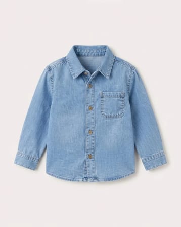 Erkek Çocuk Açık Mavi Düğmeli Tek Cepli Uzun Kollu Klasik Yaka Kot Denim Jean Gömleği