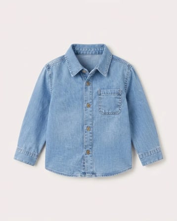 Erkek Çocuk Açık Mavi Düğmeli Tek Cepli Uzun Kollu Klasik Yaka Kot Denim Jean Gömleği