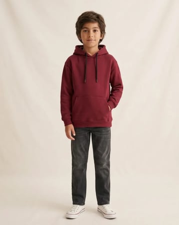 Erkek Çocuk Kırmızı Kapüşonlu Sweatshirt Kanguru Cepli Düz Renk Okul ve Günlük Üst Giyim