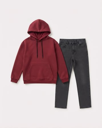 Erkek Çocuk Kırmızı Kapüşonlu Sweatshirt Kanguru Cepli Düz Renk Okul ve Günlük Üst Giyim