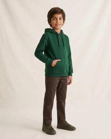 Erkek Çocuk Kapüşonlu Kanguru Cepli Düz Yeşil Okul ve Günlük Uzun Kollu Sweatshirt