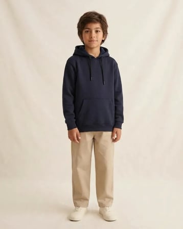 Erkek Çocuk Lacivert Kapüşonlu Sweatshirt Kanguru Cepli Düz Renk Okul ve Günlük Üst Giyim