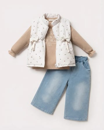 Kahverengi – Kız Çocuk Çiçek Desenli Şişme Yelekli Fitilli Bluz ve Denim Pantolon 3 Parça Takım