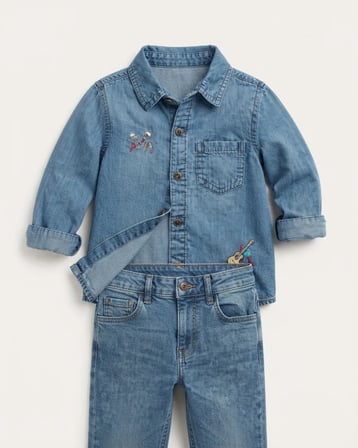 Erkek Çocuk Mavi Nakış İşlemeli Kot Gömlek Uzun Kollu Düğmeli Cepli Yumuşak Denim Gömlek