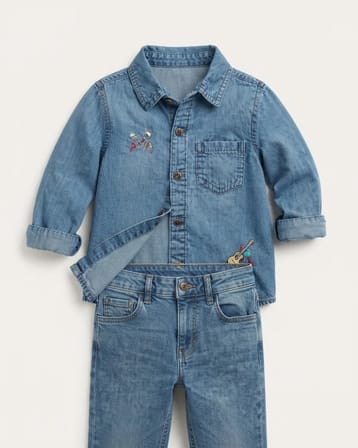 Erkek Çocuk Mavi Nakış İşlemeli Kot Gömlek Uzun Kollu Düğmeli Cepli Yumuşak Denim Gömlek
