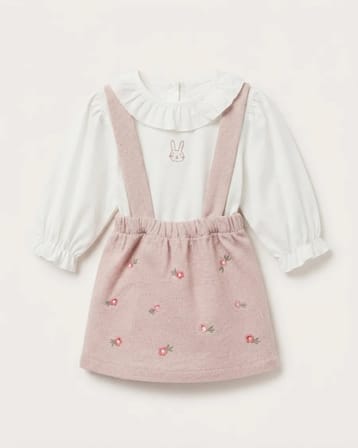 Kız Bebek Çiçek Nakışlı Askılı Etekli Bluz 2 Parça Pudra Takım