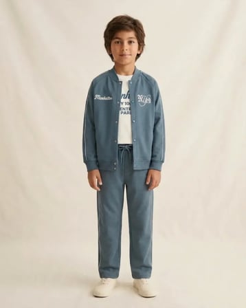 Erkek Çocuk Mavi Kolej Ceketli 3 Parça Takım Çıtçıtlı Sweatshirt Tişört ve Eşofman Altı