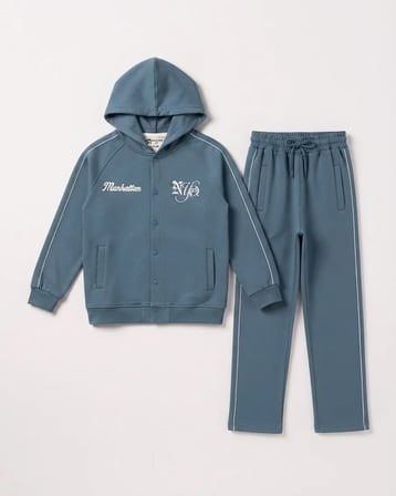 Erkek Çocuk Mavi Kolej Ceketli 3 Parça Takım Çıtçıtlı Sweatshirt Tişört ve Eşofman Altı