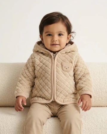 Kahverengi – Unisex Bebek Ayıcık Detaylı Kapüşonlu Fermuarlı Baklava Dokulu Welsoft Peluş Hırka