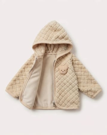 Kahverengi – Unisex Bebek Ayıcık Detaylı Kapüşonlu Fermuarlı Baklava Dokulu Welsoft Peluş Hırka