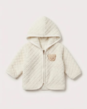 Unisex Bebek Bej Baklava Dokulu Ayıcık Detaylı Fermuarlı Kapüşonlu Welsoft Peluş Hırka