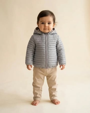 Unisex Çocuk Gri Kapüşonlu Fermuarlı Hafif Şişme Mont Günlük Kapitone Dış Giyim Ceket