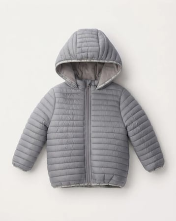 Unisex Çocuk Gri Kapüşonlu Fermuarlı Hafif Şişme Mont Günlük Kapitone Dış Giyim Ceket