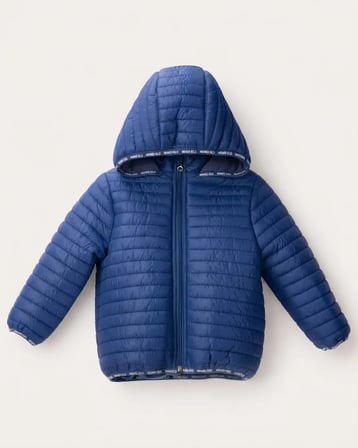 Unisex Çocuk Mavi Kapüşonlu Fermuarlı Hafif Şişme Mont Dış Giyim