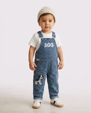 Erkek Çocuk Sevimli Köpek Nakışlı Mavi Kot Salopet Cepli Denim Bahçıvan Tulum Pantolon