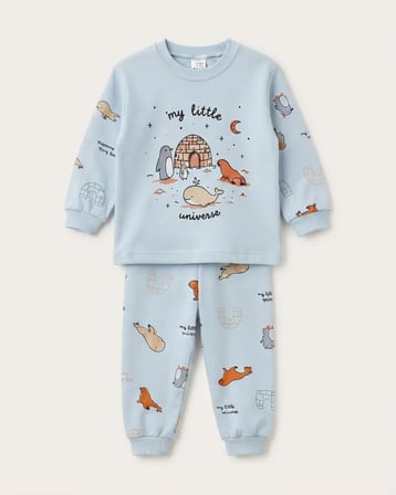 Erkek Bebek Mavi Sevimli Hayvan Desenli Sweatshirt ve Eşofman