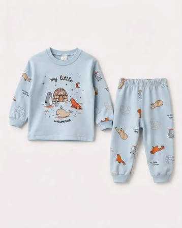 Erkek Bebek Mavi Sevimli Hayvan Desenli Sweatshirt ve Eşofman