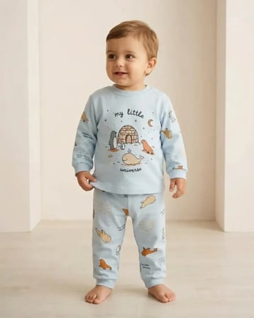 Erkek Bebek Mavi Sevimli Hayvan Desenli Sweatshirt ve Eşofman