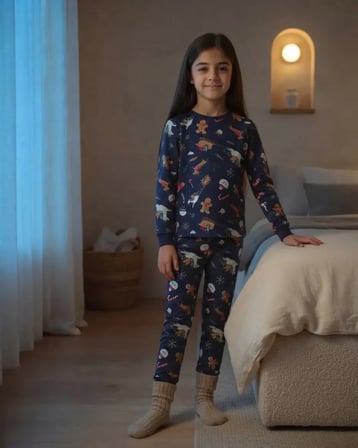 Unisex Çocuk Lacivert Yılbaşı Desenli Uzun Kollu Pijama Takımı