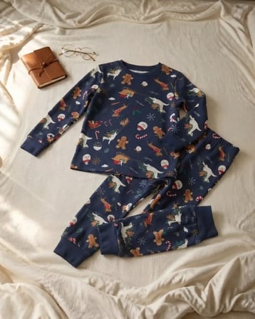 Unisex Çocuk Lacivert Yılbaşı Desenli Uzun Kollu Pijama Takımı
