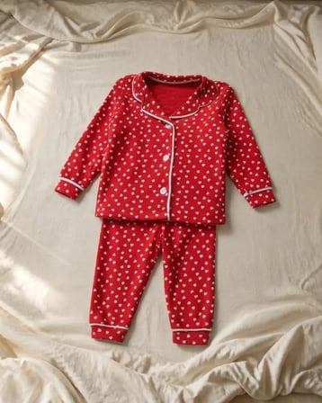 Kız Çocuk Kırmızı Kalp Desenli Önden Düğmeli Pijama Takımı – 2