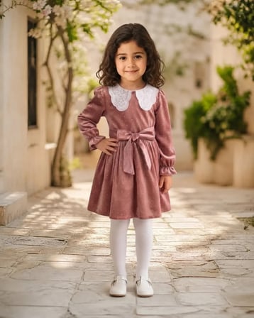 Kız Çocuk Kışlık Pembe Yaka Dantel Fiyonklu Elbise Taçlı